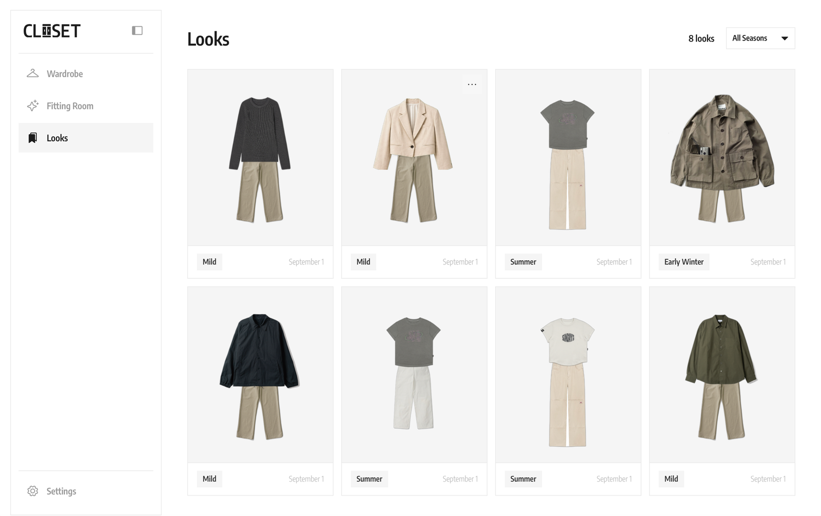 CLOSET Looks — saved outfits with their season