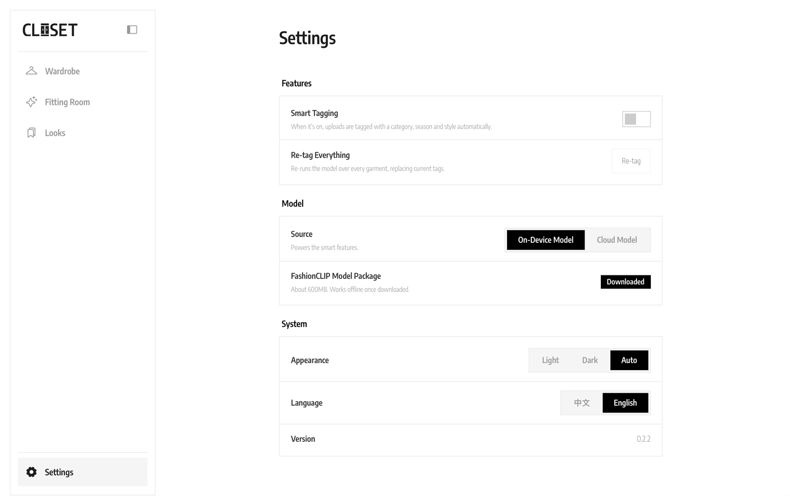 CLOSET Settings — smart tagging, model source, and appearance