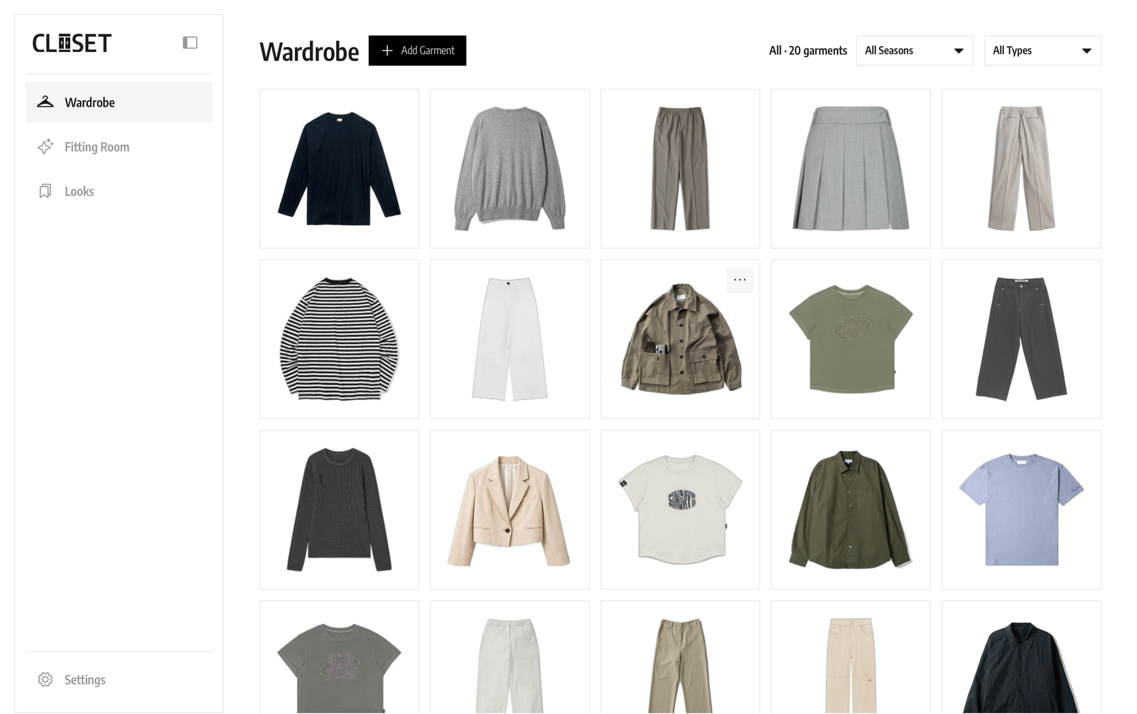 CLOSET Wardrobe — every garment in one grid